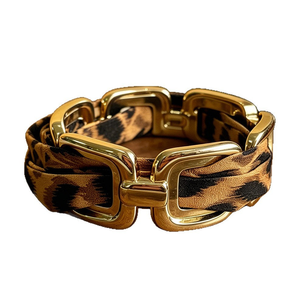 Leopard Print Metal Bangle With Electroplated Finish, Stylish Animal Pattern Accessory