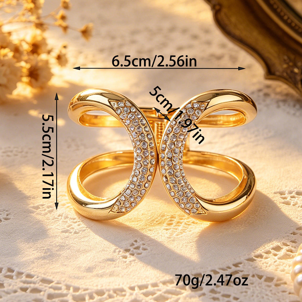 Elegant C Shape Gold Metal Bangle For Women With Rhinestone Inlay