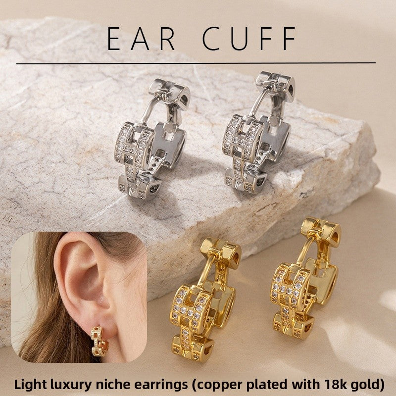 Asymmetrical Circle Sleeper Earrings For Women In Retro Style, Made Of Copper With Zircon Inlay