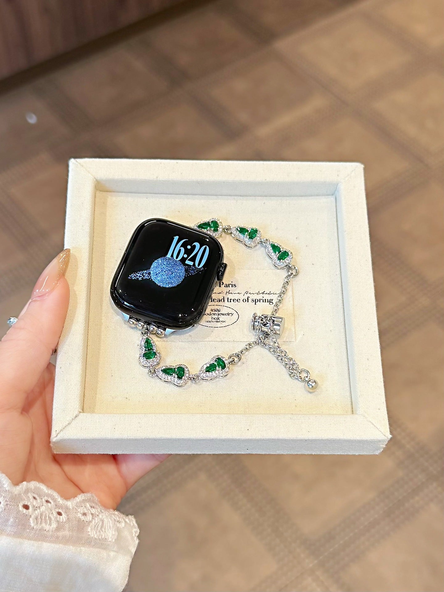 Apple Watch Strap In Alloy With Gourd Pattern, Featuring May Birthstone Emerald Color