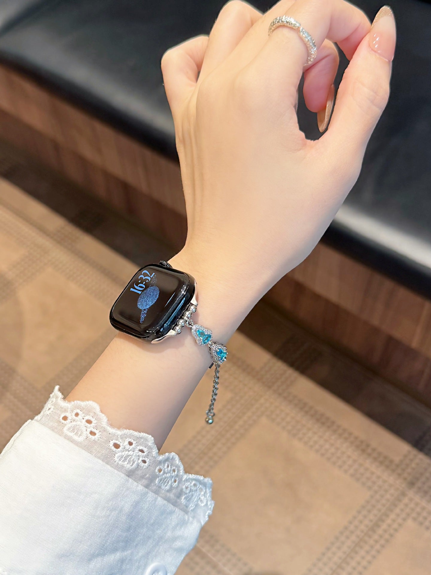 Apple Watch Strap In Alloy With Gourd Pattern, Featuring May Birthstone Emerald Color