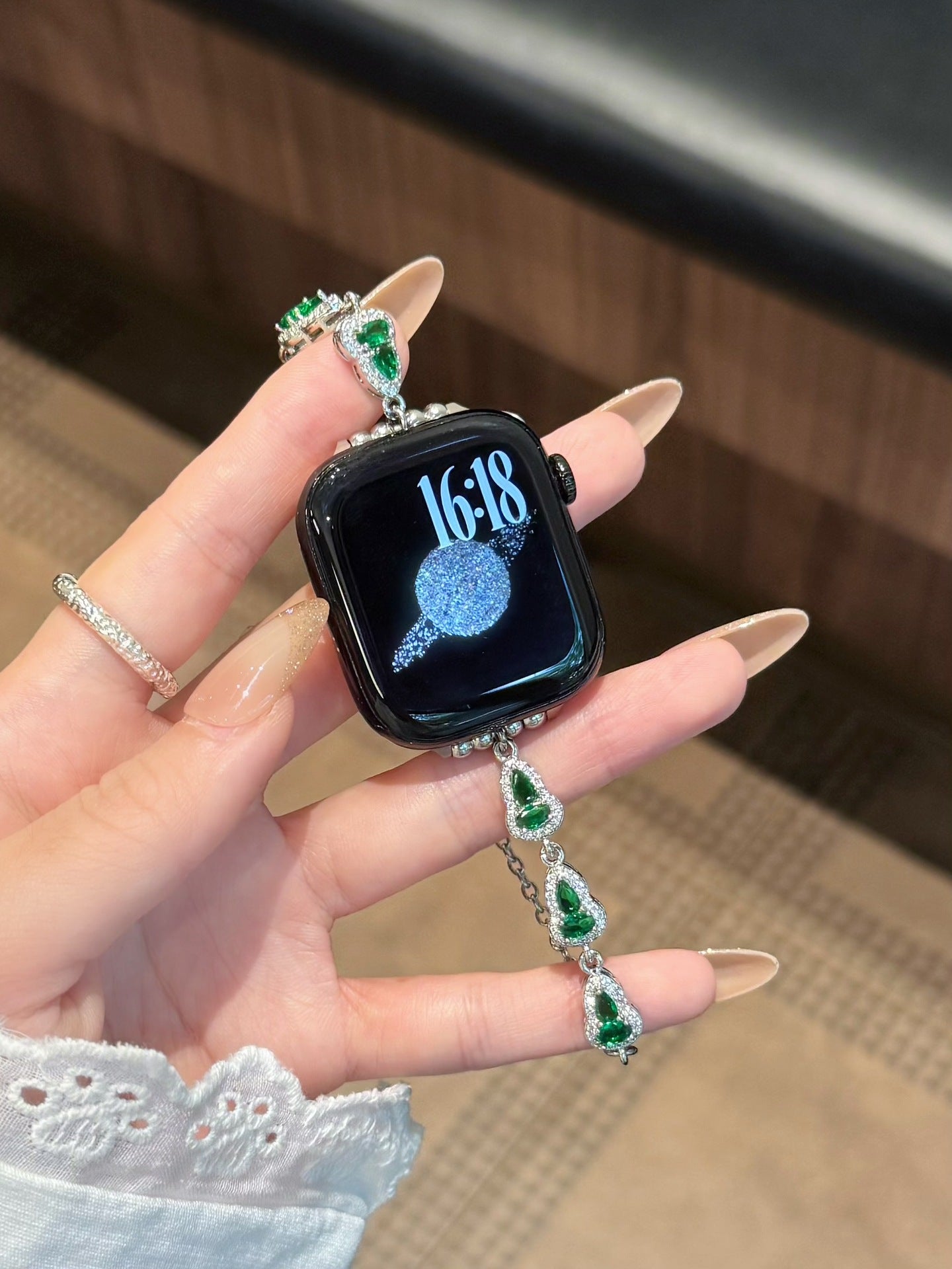 Apple Watch Strap In Alloy With Gourd Pattern, Featuring May Birthstone Emerald Color