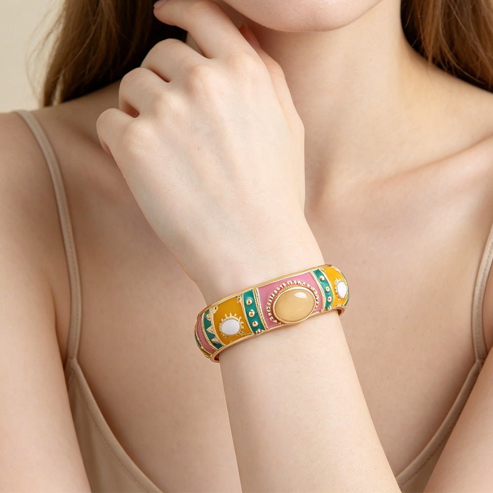 Bohemian Ethnic Natural Pink Enamel Metal Bangle For Women With Electroplated Finish