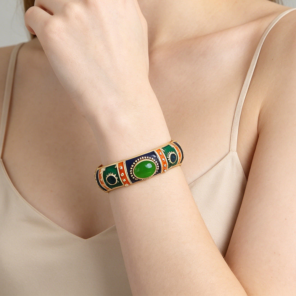 Bohemian Ethnic Natural Pink Enamel Metal Bangle For Women With Electroplated Finish