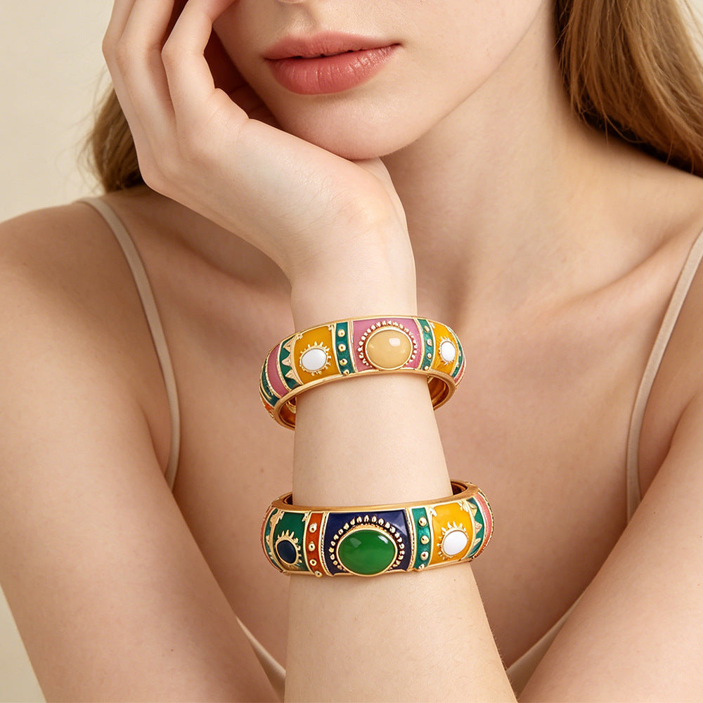 Bohemian Ethnic Natural Pink Enamel Metal Bangle For Women With Electroplated Finish