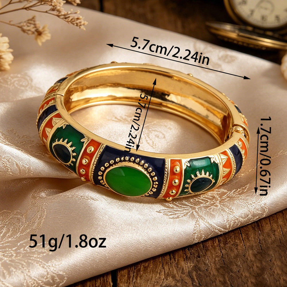 Bohemian Ethnic Natural Pink Enamel Metal Bangle For Women With Electroplated Finish