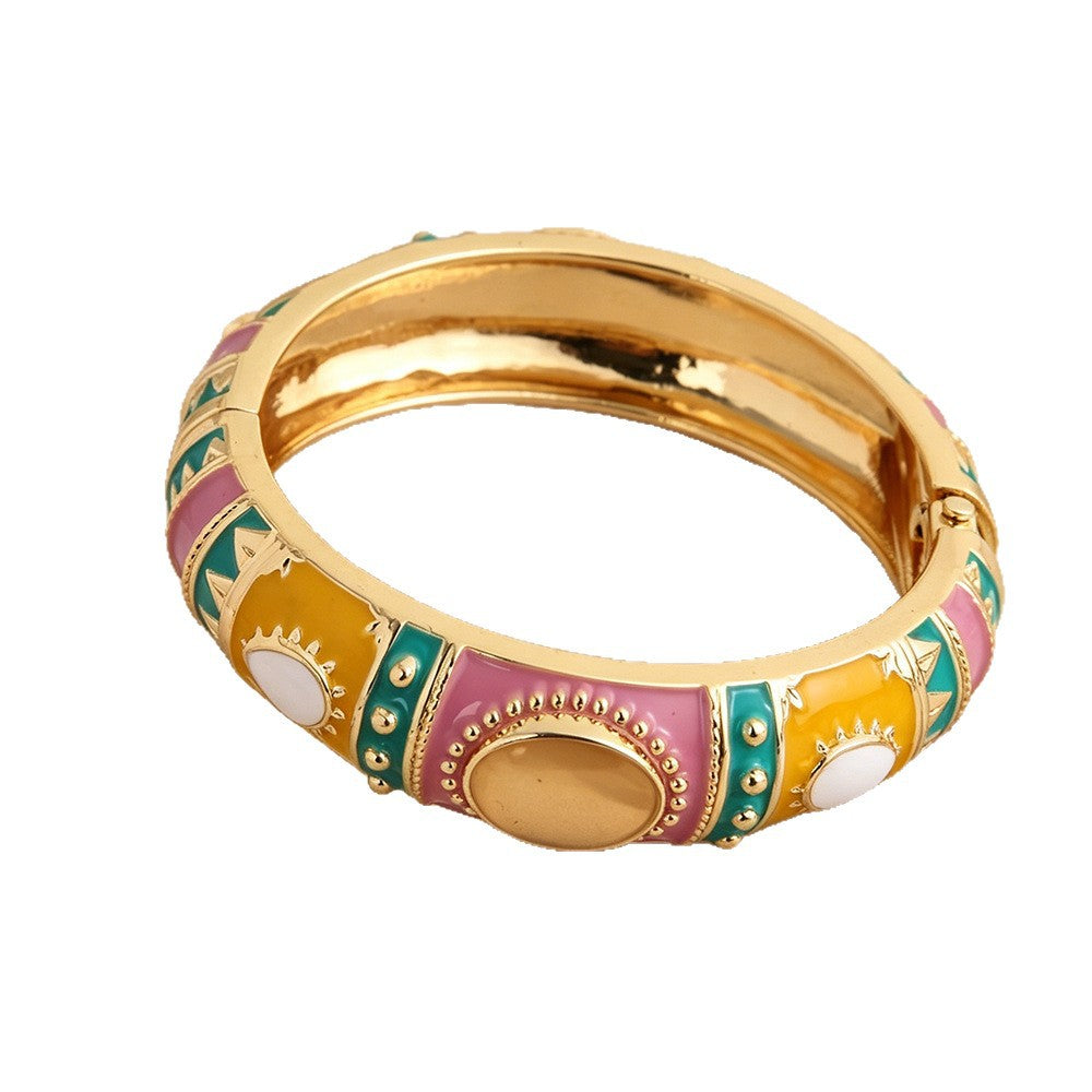 Bohemian Ethnic Natural Pink Enamel Metal Bangle For Women With Electroplated Finish