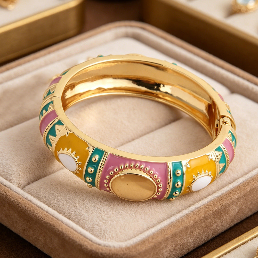Bohemian Ethnic Natural Pink Enamel Metal Bangle For Women With Electroplated Finish