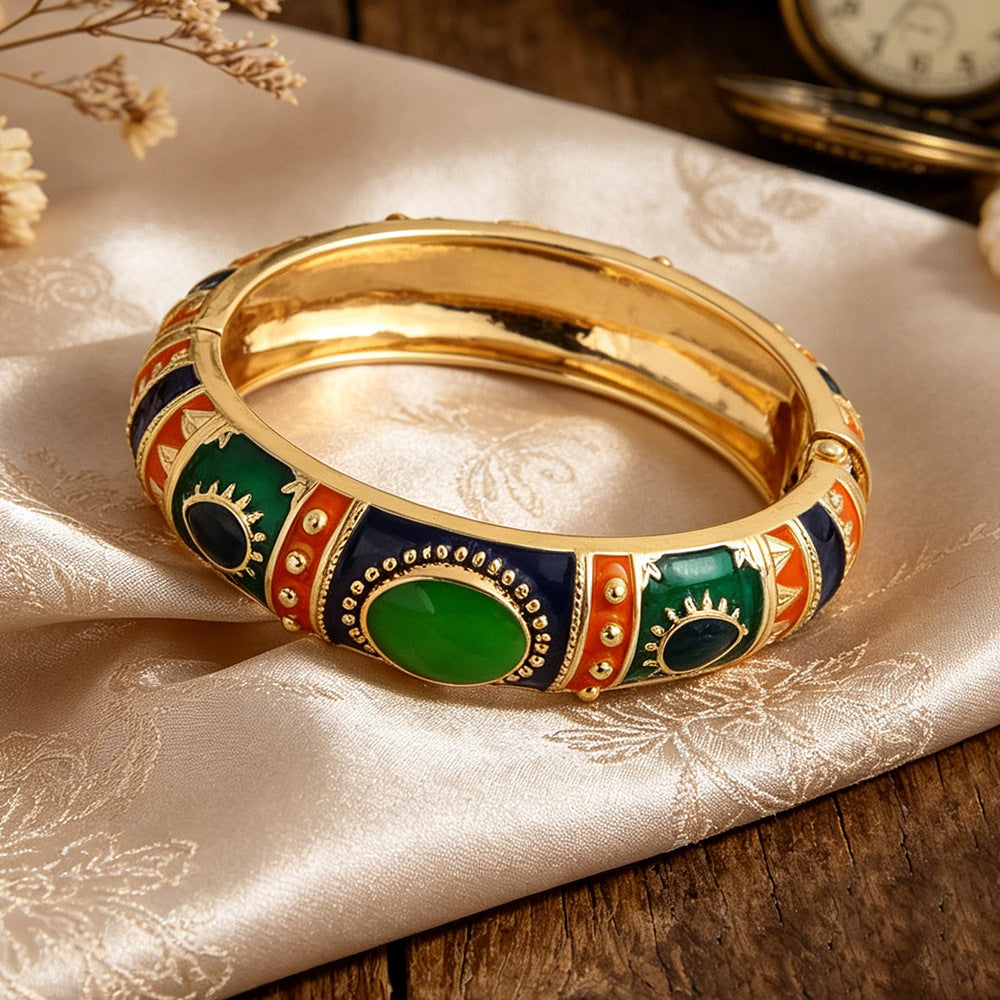 Bohemian Ethnic Natural Pink Enamel Metal Bangle For Women With Electroplated Finish