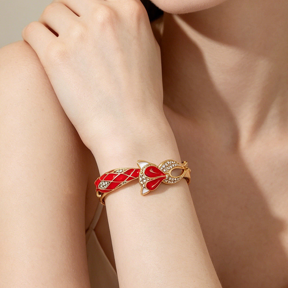 Fox Enamel Red Metal Bangle For Women With Stylish Design