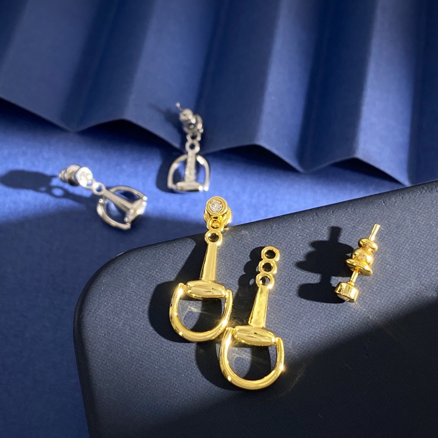 British Style Geometric Stud Earrings For Women In Real Gold Plated Brass With Waterproof Non Tarnish Finish And Zircon Inlay