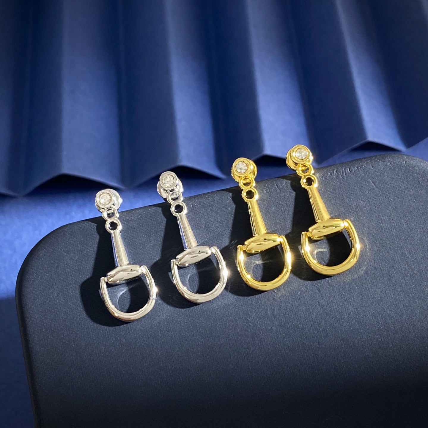British Style Geometric Stud Earrings For Women In Real Gold Plated Brass With Waterproof Non Tarnish Finish And Zircon Inlay