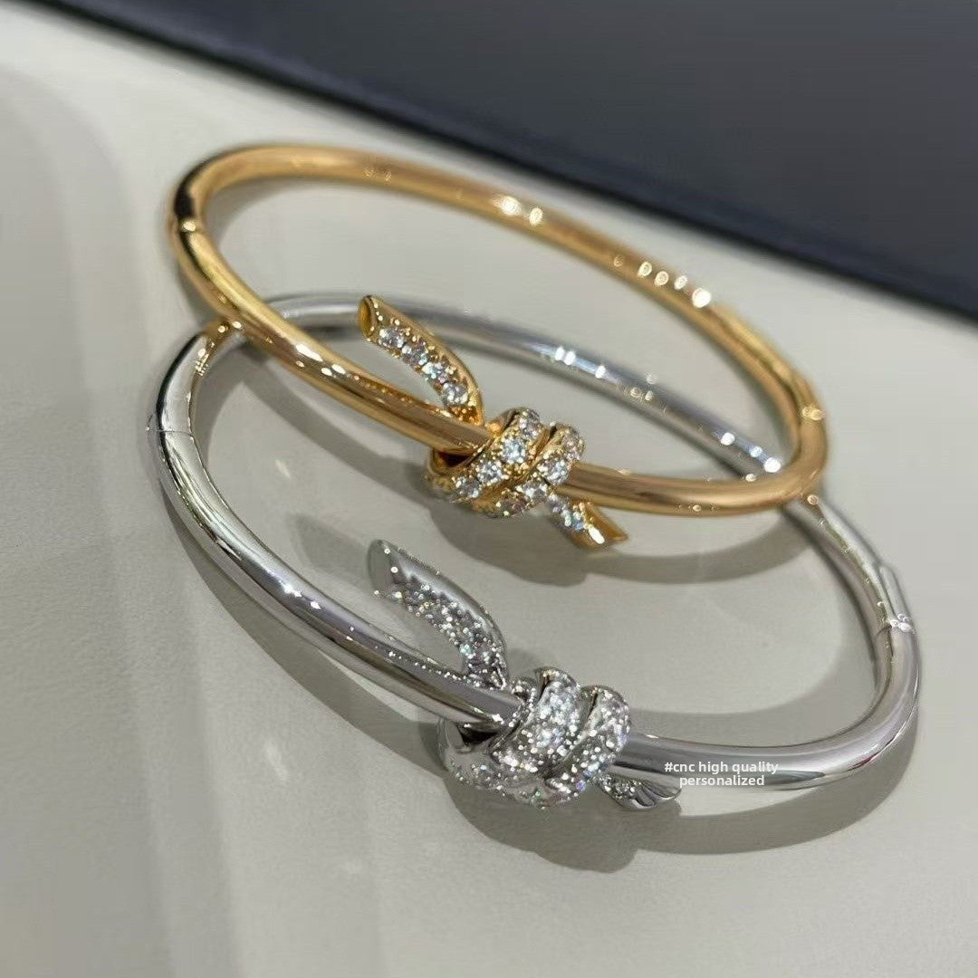 Elaborate Knot Bangle For Women In Sweet Style, Made Of Titanium Steel With 18K Real Gold Plating And Rhinestone Inlay