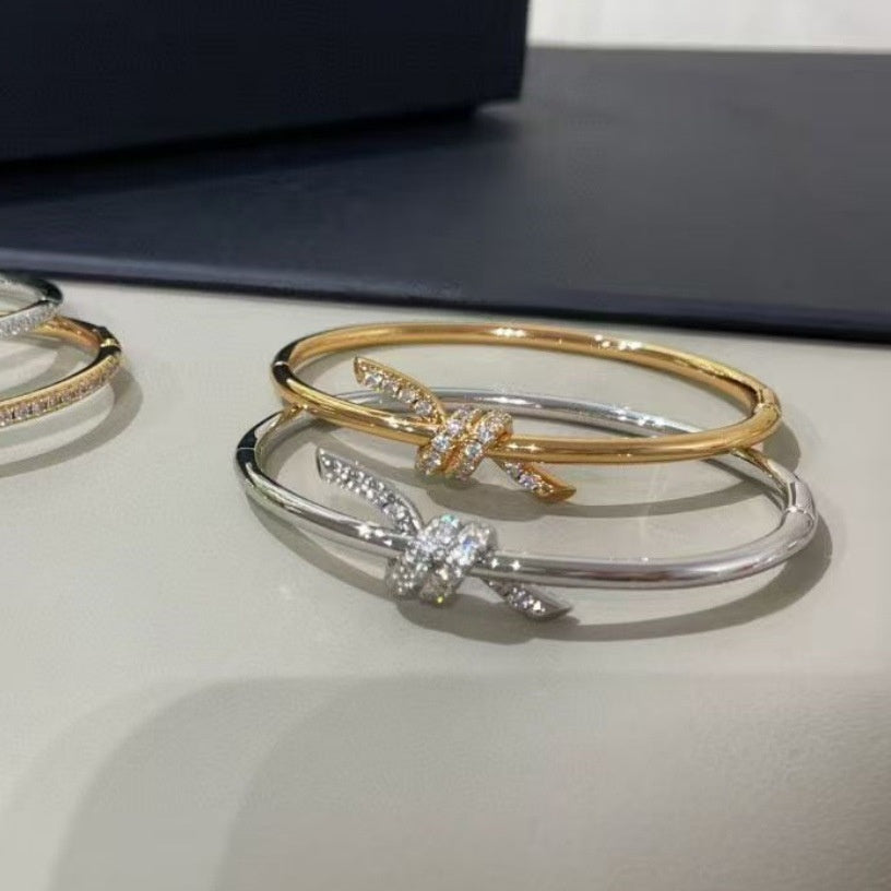 Elaborate Knot Bangle For Women In Sweet Style, Made Of Titanium Steel With 18K Real Gold Plating And Rhinestone Inlay