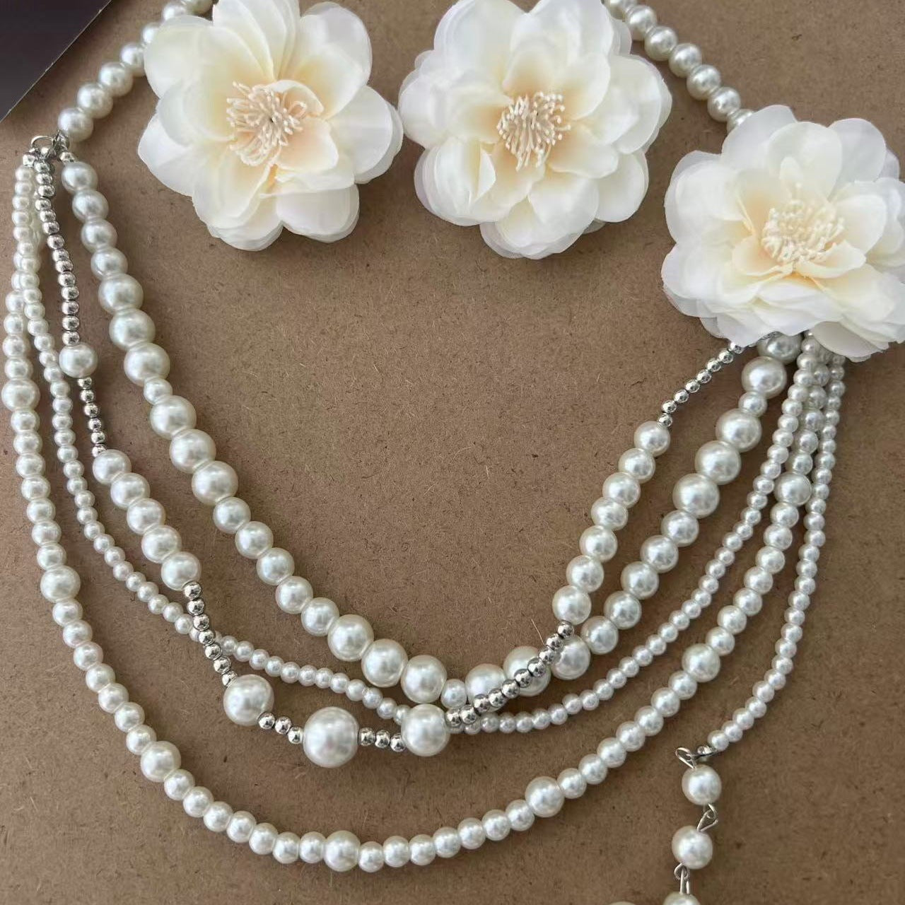 Sweet Layered Necklaces For Women Featuring Flowers And Tassel Design With Imitation Pearl Pendant Material