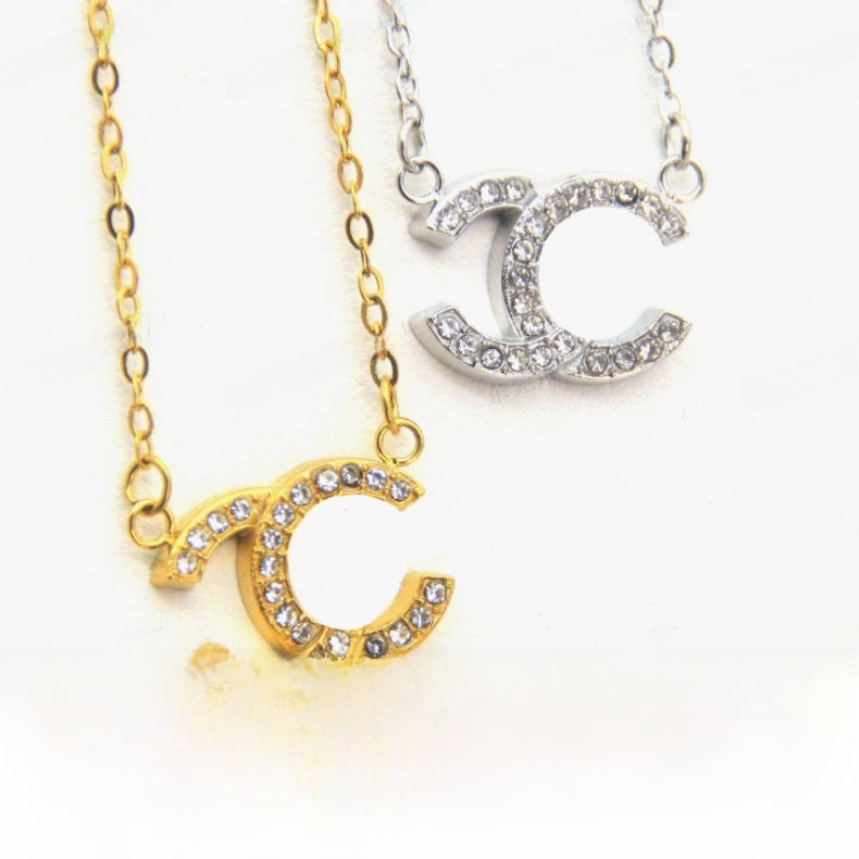C Shape Pendant Necklace For Women In 18K Real Gold Plated 304 Stainless Steel With Zircon Inlay And Cable Chain