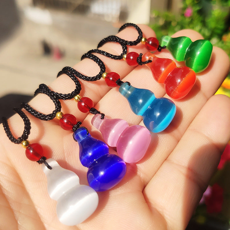 Sweet Multicolor Three-dimensional Gourd Necklace With Cat's Eye Stone Featuring Rope Chain For Unisex