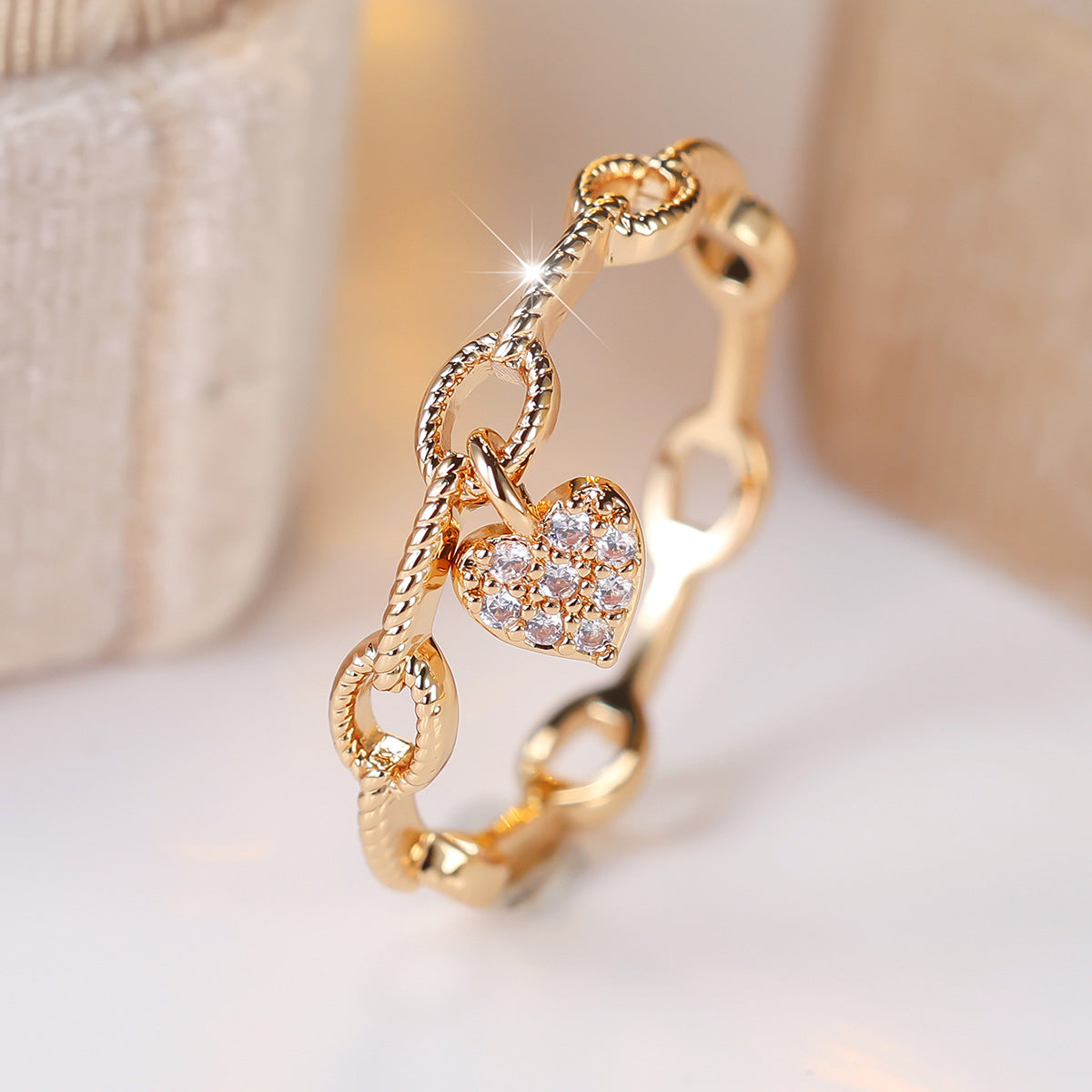Heart Shape Ring For Women In Copper With Golden Plated Electroplated Finish Featuring Zircon Inlay