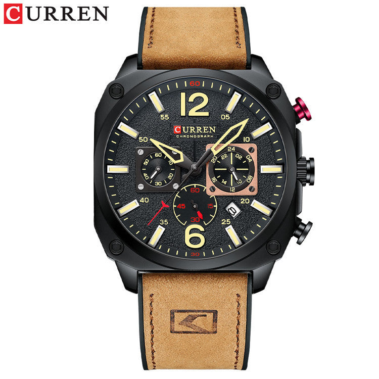 Men's Square Quartz Watch With PU Strap And Pin Buckle, Featuring Tempered Glass Mirror And Pointer Display