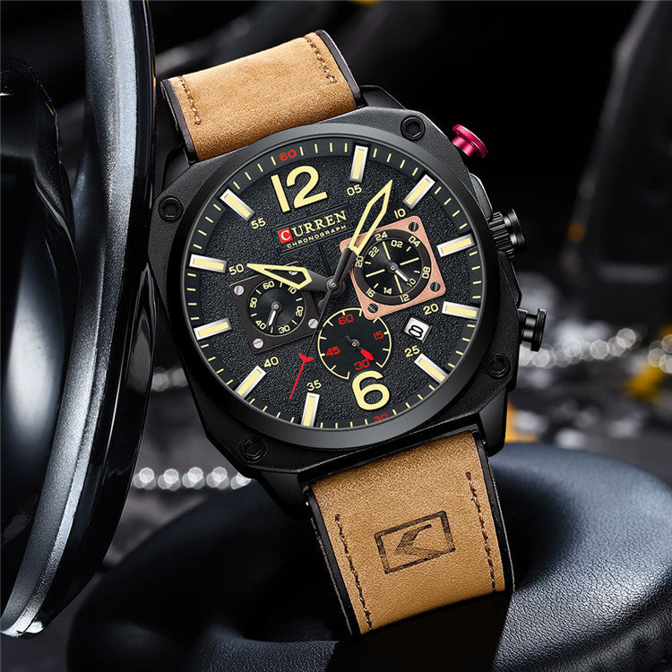 Men's Square Quartz Watch With PU Strap And Pin Buckle, Featuring Tempered Glass Mirror And Pointer Display