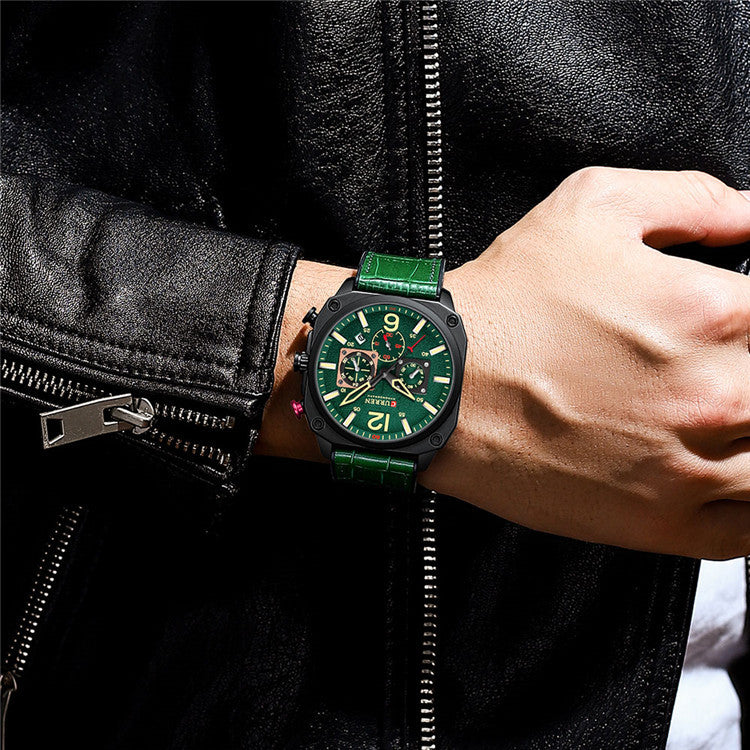 Men's Square Quartz Watch With PU Strap And Pin Buckle, Featuring Tempered Glass Mirror And Pointer Display