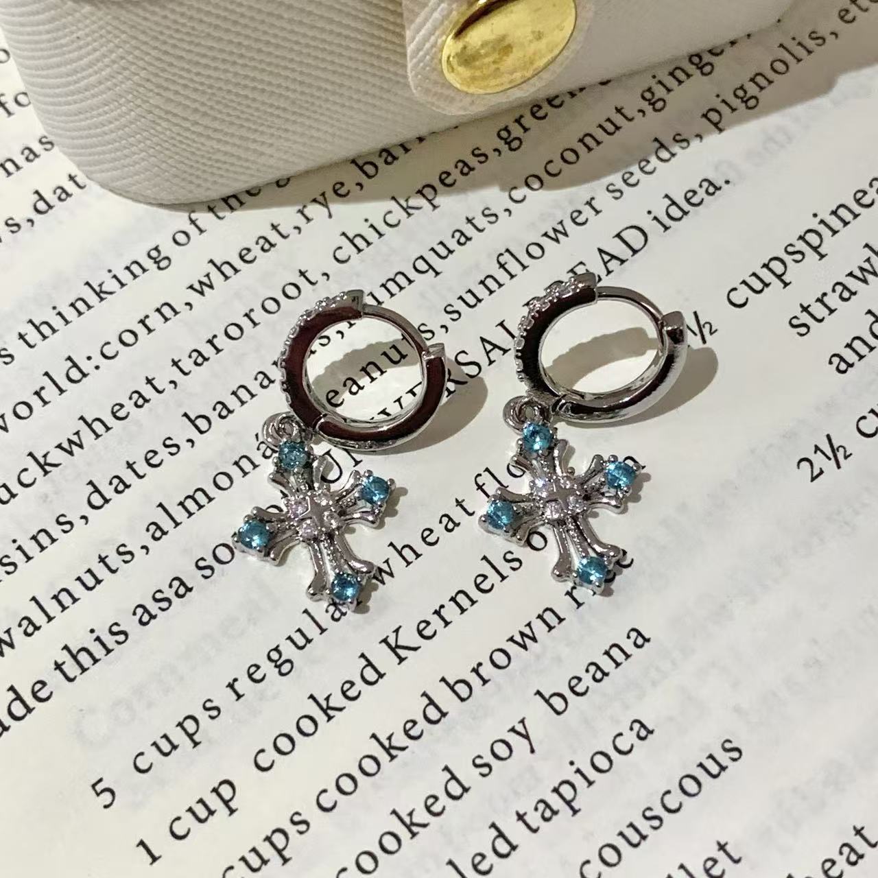 Copper Cross Ear Cartilage Rings & Studs With Zircon Inlay For Women, Stylish Stud Earrings