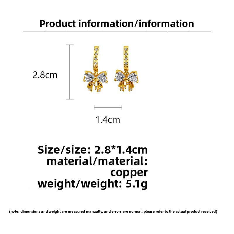 Bow Tie Earrings For Women With Copper Ear Pins Featuring Real Gold Plated Electroplated Finish And Zircon Inlay
