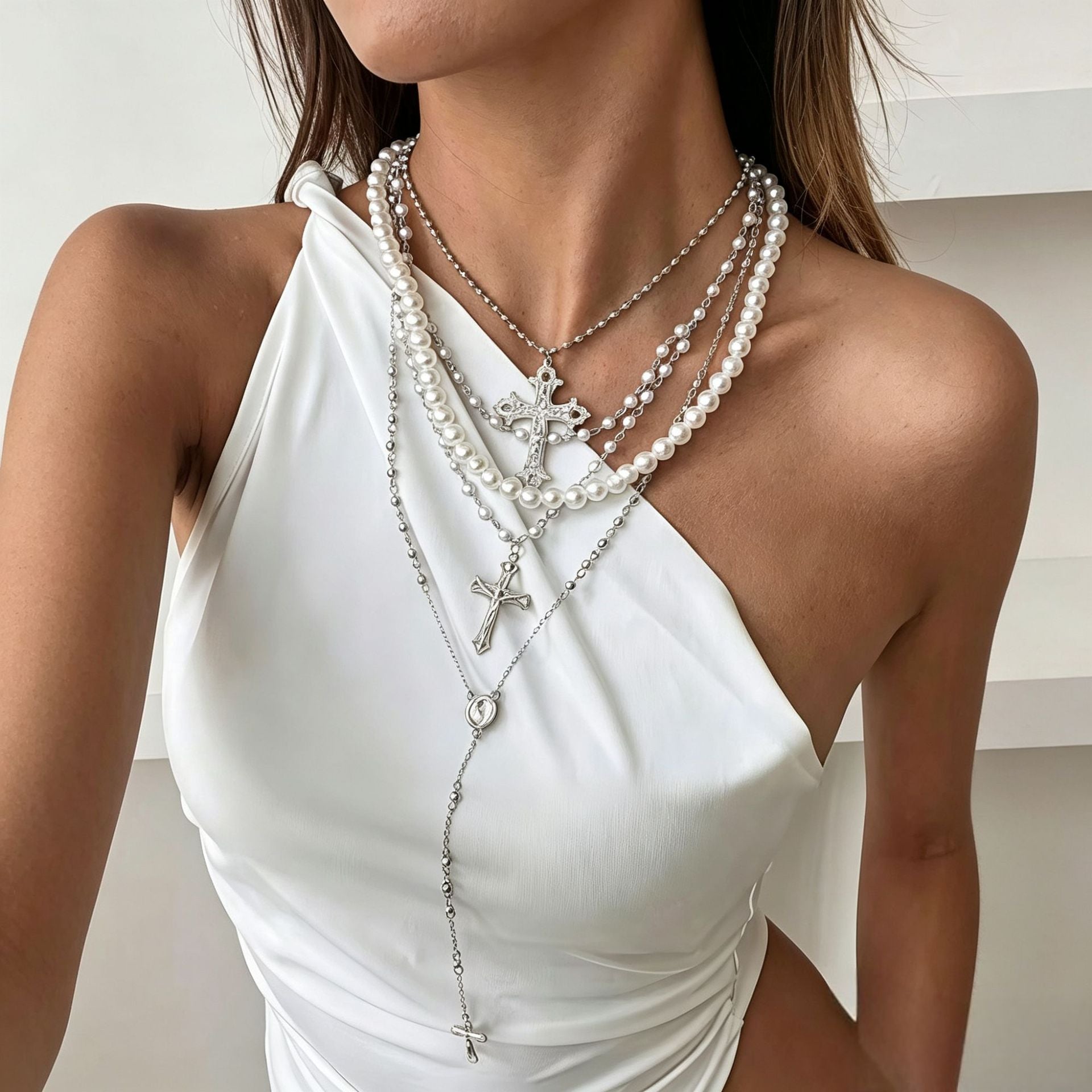 Exaggerated Silver Cross Pendant Necklace For Women With Alloy Tassel Craft