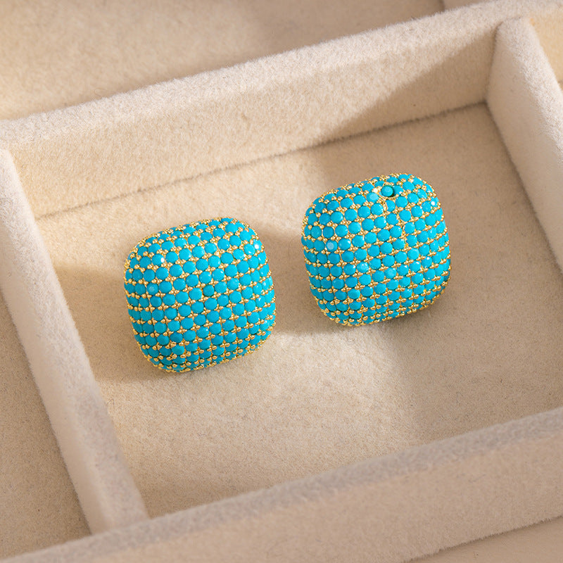 Geometric Hoop Earrings For Women In Green Copper With Turquoise Inlay Featuring Bezel Setting And Golden Plated Finish
