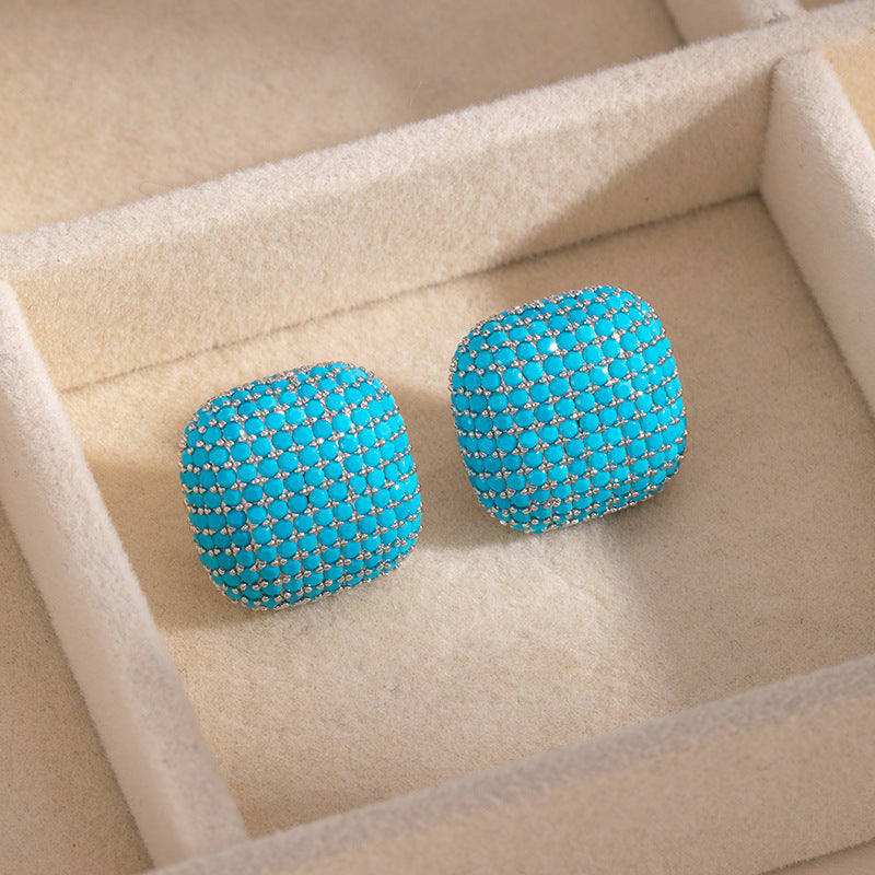 Geometric Hoop Earrings For Women In Green Copper With Turquoise Inlay Featuring Bezel Setting And Golden Plated Finish