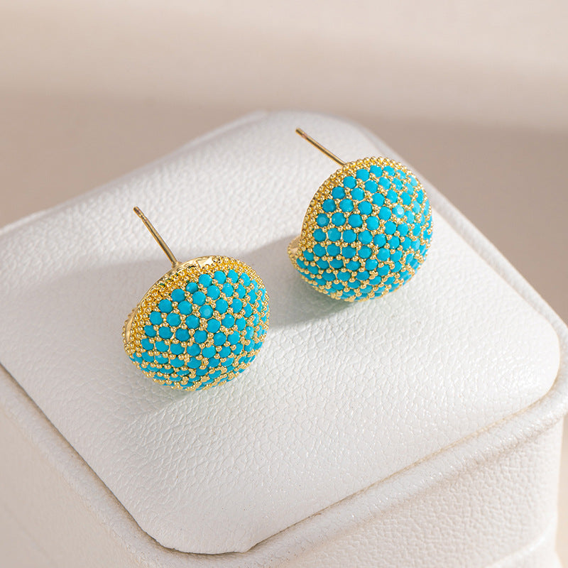 Geometric Hoop Earrings For Women In Green Copper With Turquoise Inlay Featuring Bezel Setting And Golden Plated Finish