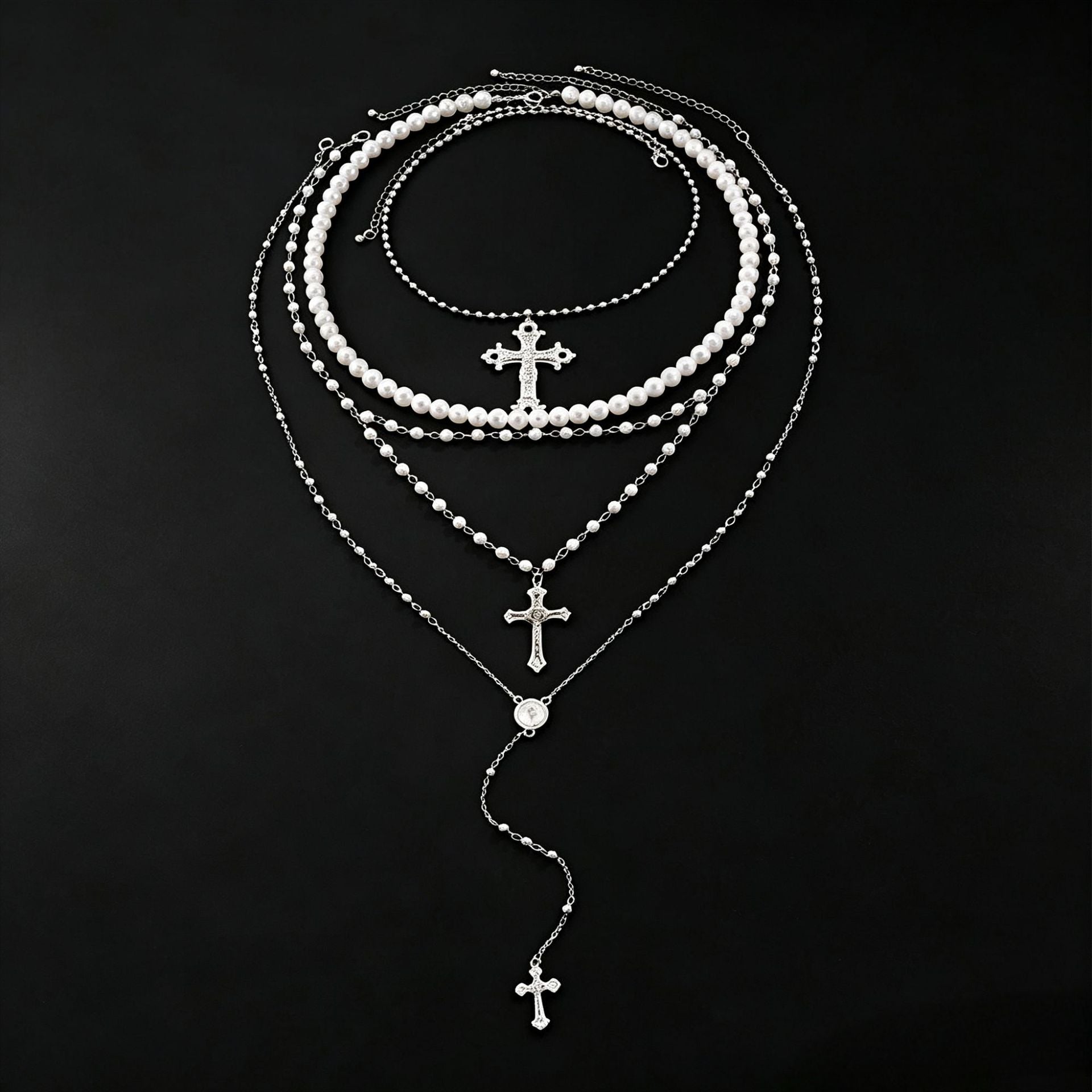 Exaggerated Silver Cross Pendant Necklace For Women With Alloy Tassel Craft
