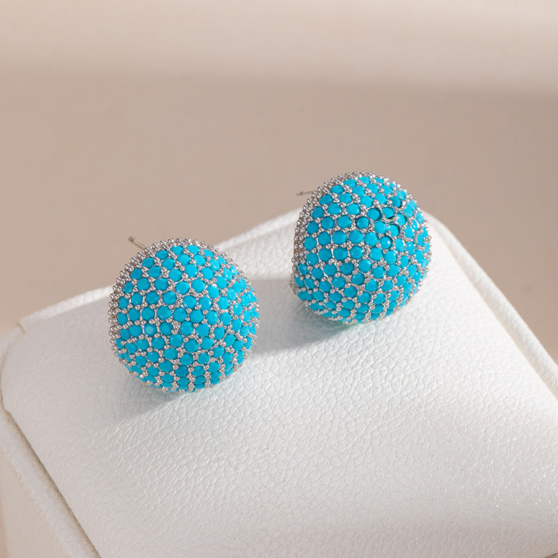 Geometric Hoop Earrings For Women In Green Copper With Turquoise Inlay Featuring Bezel Setting And Golden Plated Finish