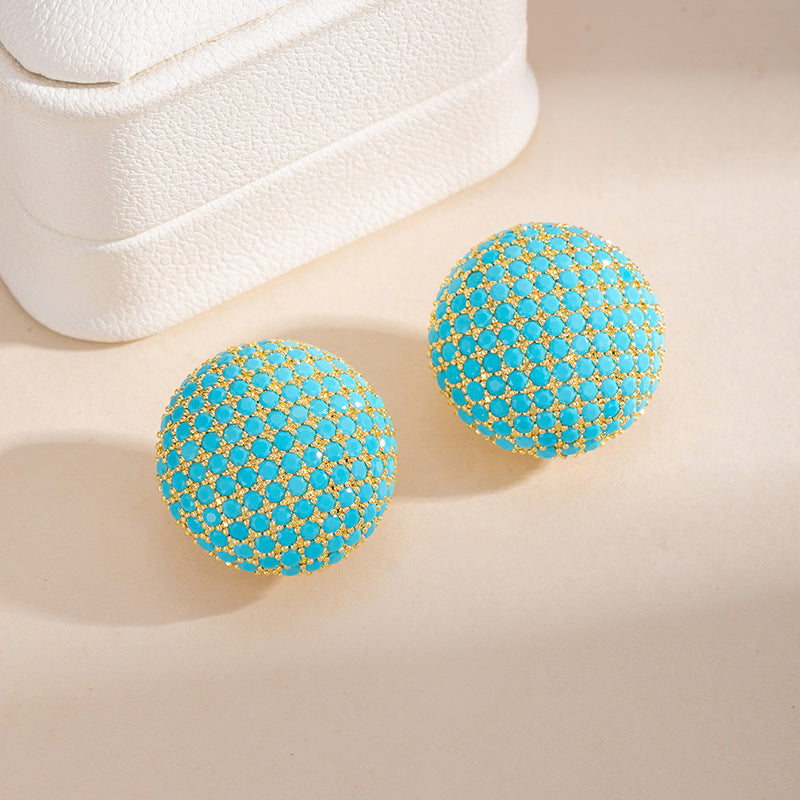 Geometric Hoop Earrings For Women In Green Copper With Turquoise Inlay Featuring Bezel Setting And Golden Plated Finish