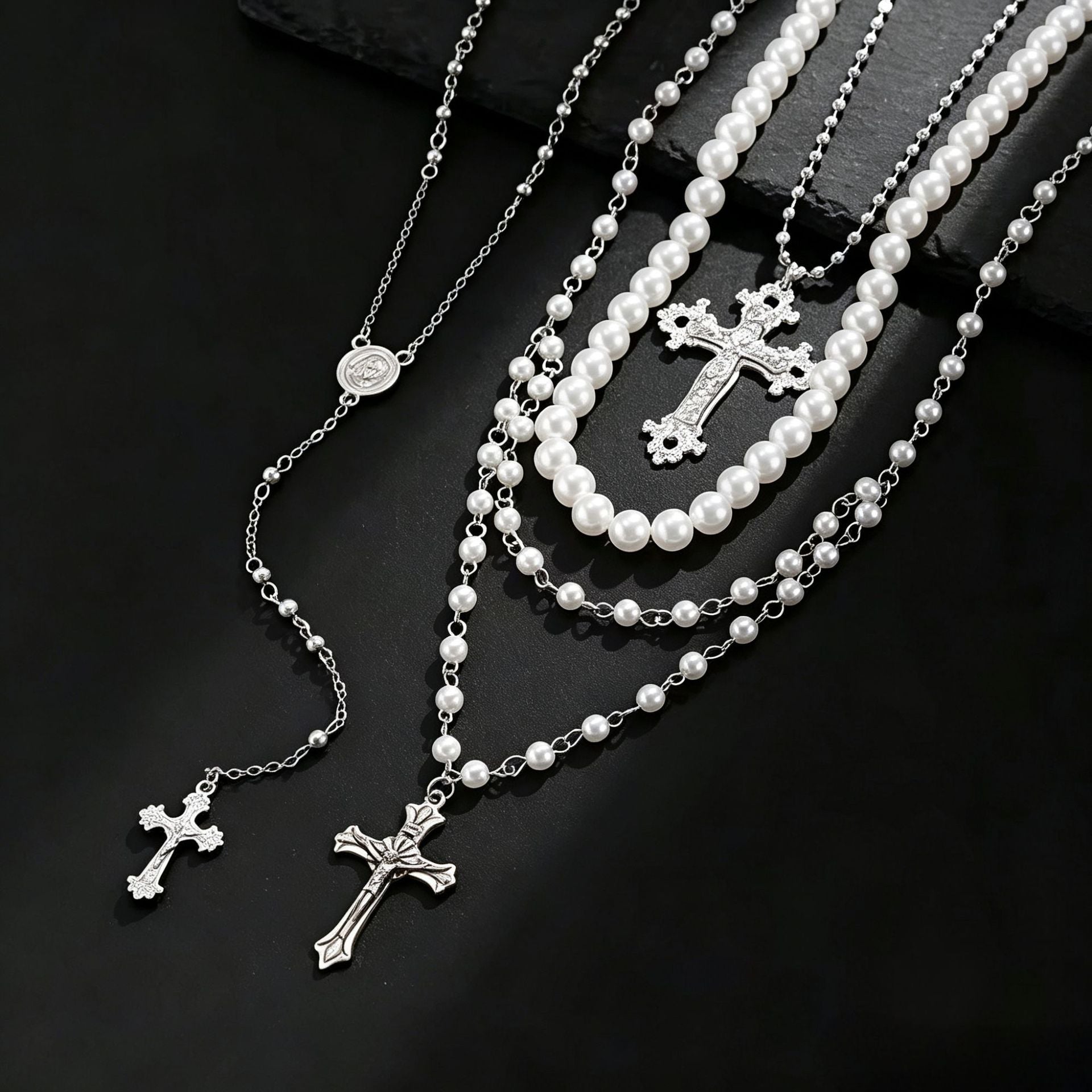 Exaggerated Silver Cross Pendant Necklace For Women With Alloy Tassel Craft