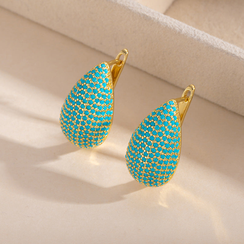 Geometric Hoop Earrings For Women In Green Copper With Turquoise Inlay Featuring Bezel Setting And Golden Plated Finish