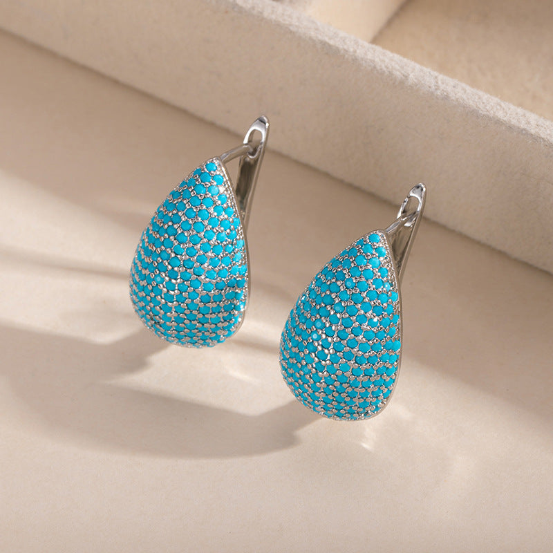 Geometric Hoop Earrings For Women In Green Copper With Turquoise Inlay Featuring Bezel Setting And Golden Plated Finish