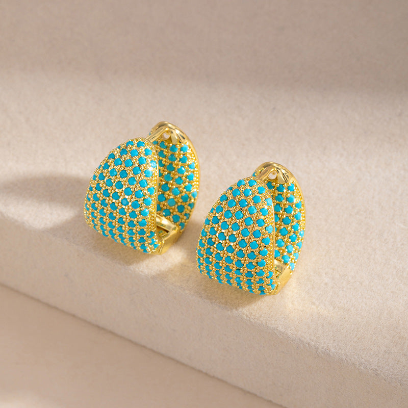 Geometric Hoop Earrings For Women In Green Copper With Turquoise Inlay Featuring Bezel Setting And Golden Plated Finish