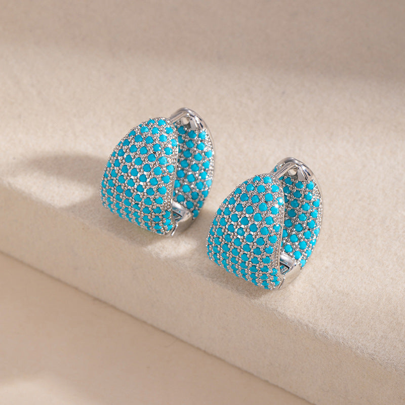 Geometric Hoop Earrings For Women In Green Copper With Turquoise Inlay Featuring Bezel Setting And Golden Plated Finish