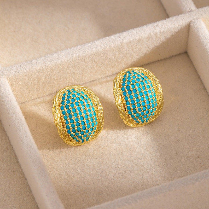 Geometric Hoop Earrings For Women In Green Copper With Turquoise Inlay Featuring Bezel Setting And Golden Plated Finish