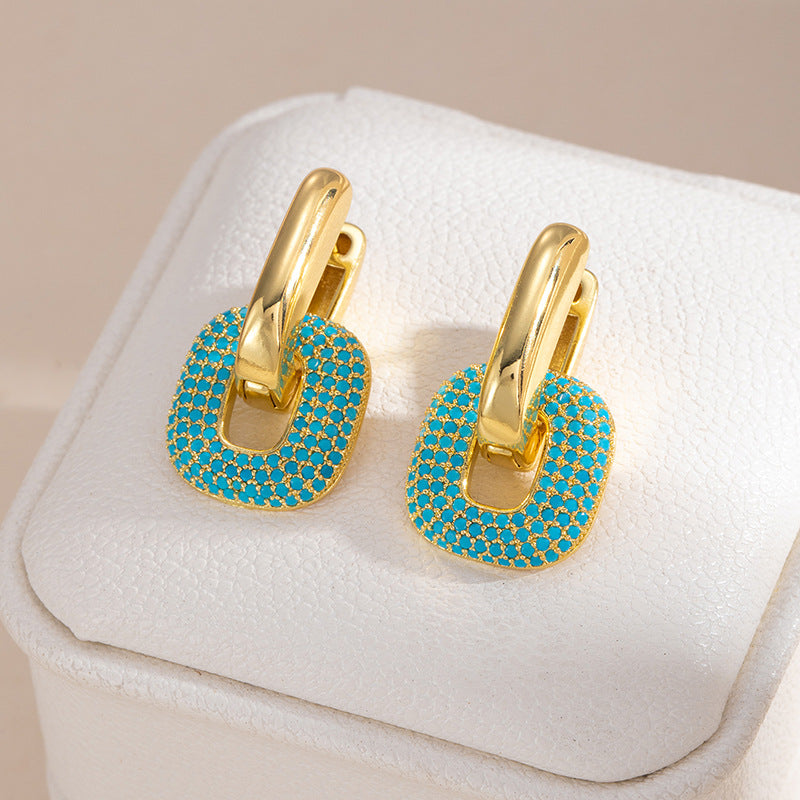 Geometric Hoop Earrings For Women In Green Copper With Turquoise Inlay Featuring Bezel Setting And Golden Plated Finish