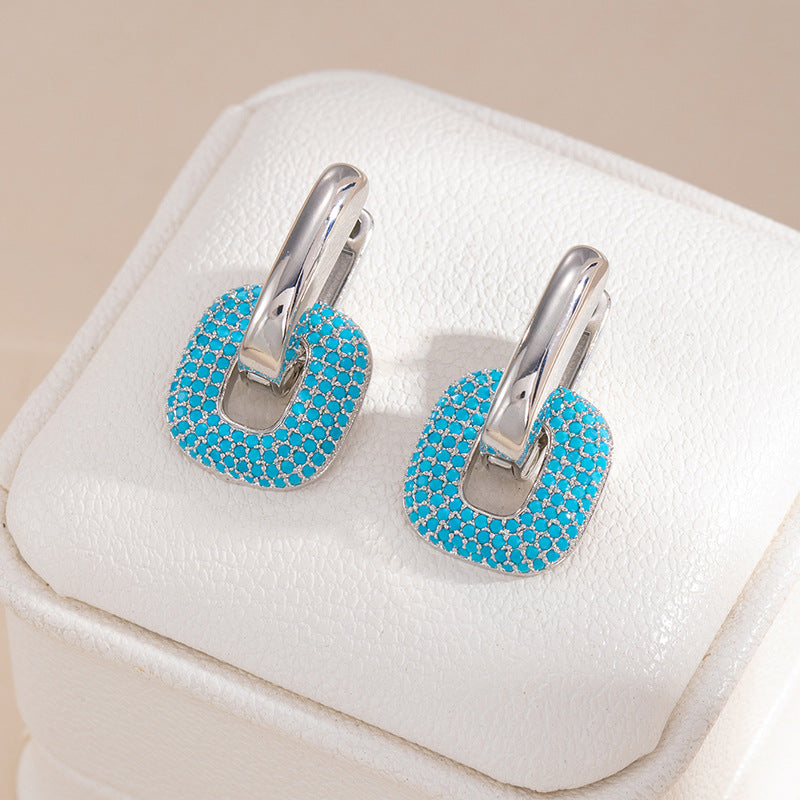 Geometric Hoop Earrings For Women In Green Copper With Turquoise Inlay Featuring Bezel Setting And Golden Plated Finish