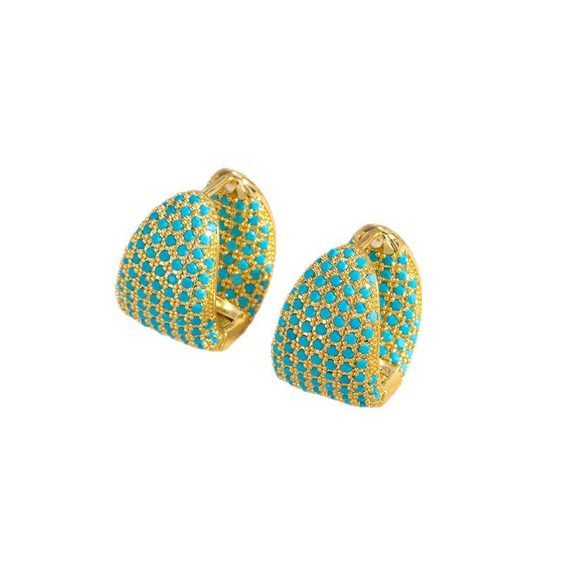 Geometric Hoop Earrings For Women In Green Copper With Turquoise Inlay Featuring Bezel Setting And Golden Plated Finish
