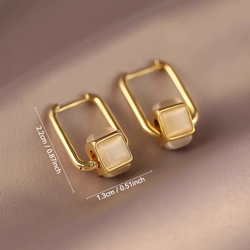 Geometric Earrings For Women Featuring Real Gold Plated Copper With Cat's Eye Stone Inlay