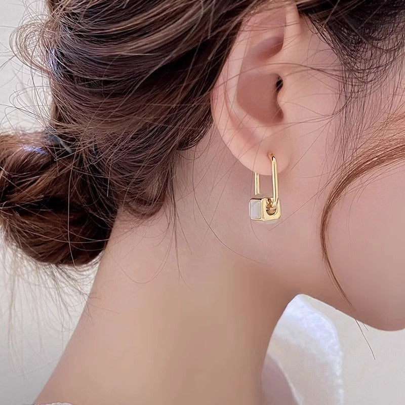 Geometric Earrings For Women Featuring Real Gold Plated Copper With Cat's Eye Stone Inlay