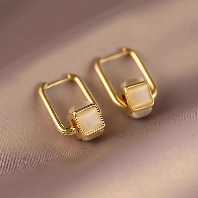 Geometric Earrings For Women Featuring Real Gold Plated Copper With Cat's Eye Stone Inlay