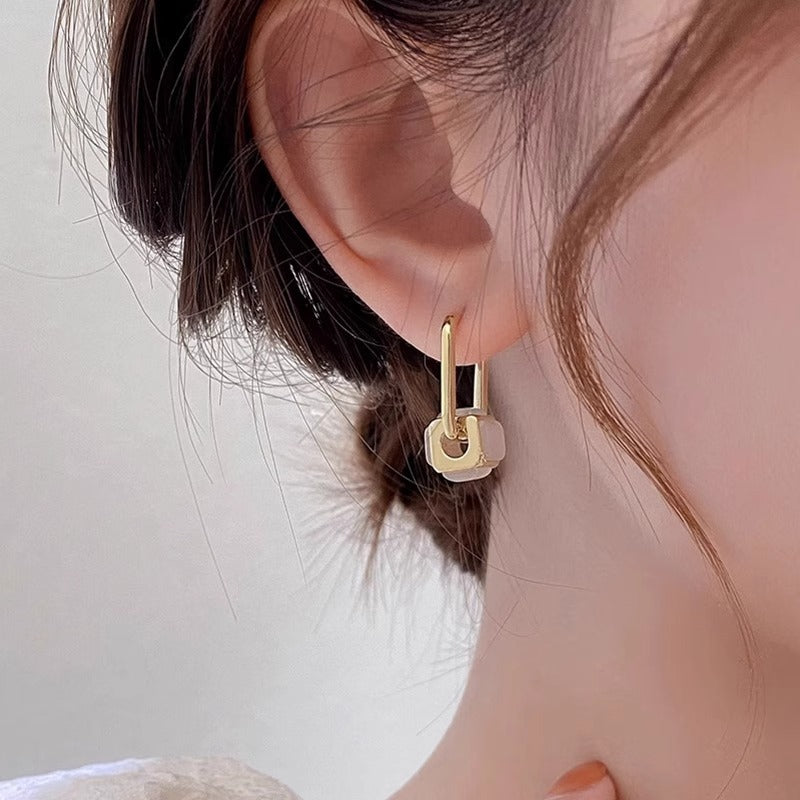 Geometric Earrings For Women Featuring Real Gold Plated Copper With Cat's Eye Stone Inlay