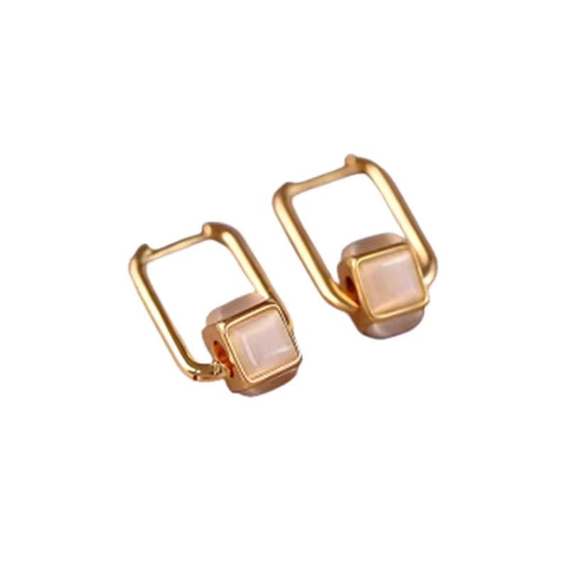 Geometric Earrings For Women Featuring Real Gold Plated Copper With Cat's Eye Stone Inlay