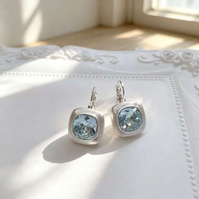 Brushed Silver Square Earrings For Women With Copper Ear Pins And Zircon Inlay