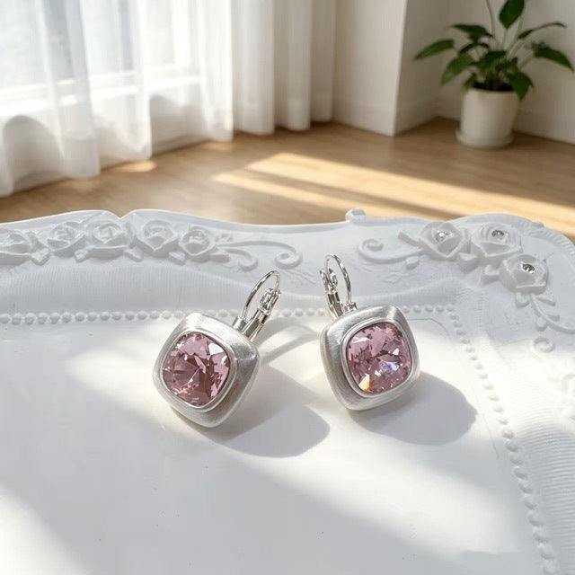 Brushed Silver Square Earrings For Women With Copper Ear Pins And Zircon Inlay